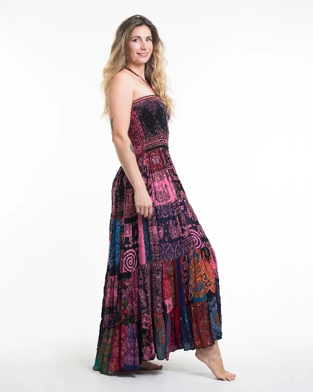 Upcycled Patchwork Multi Print Maxi Dress in Pink