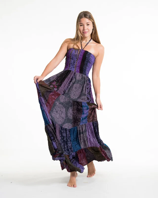 Upcycled Patchwork Multi Print Maxi Dress in Purple