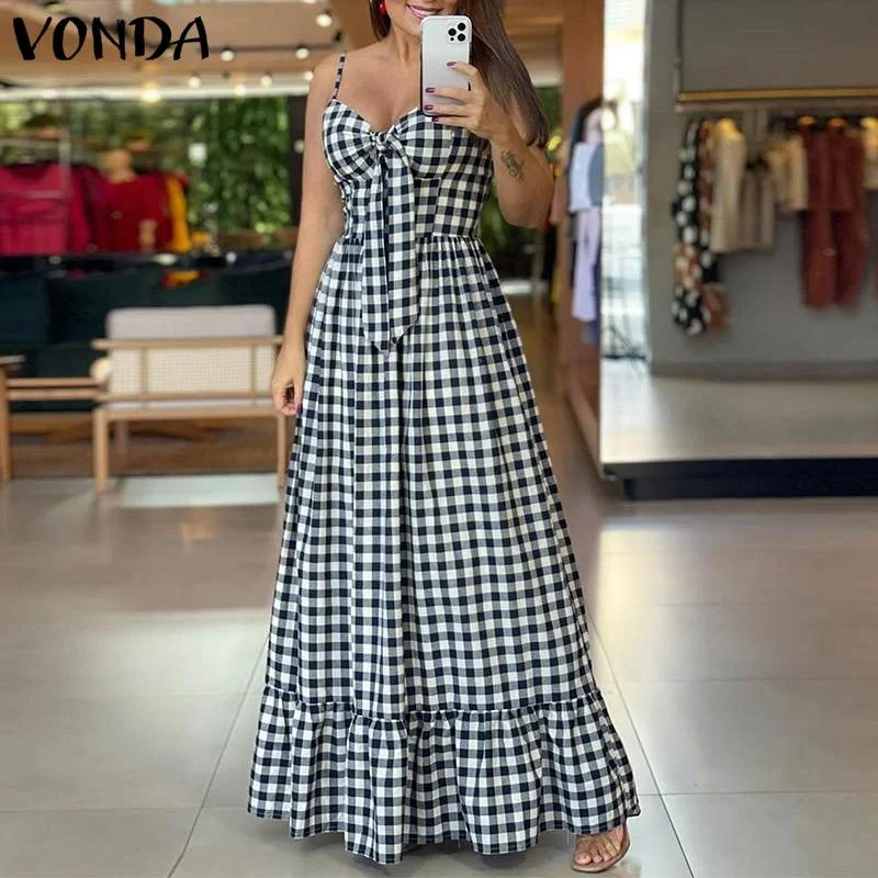 Vintage Style Plaid Beach Maxi Dress