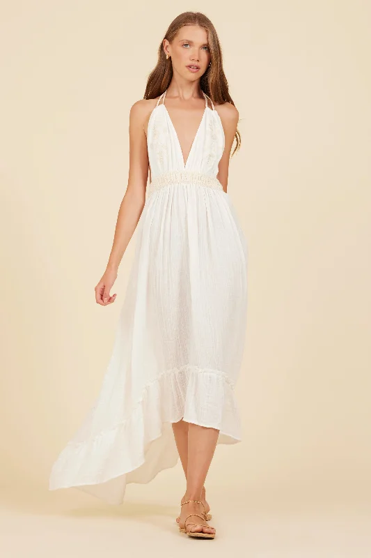 White & Natural Gauze Embroidered Halter Maxi Dress