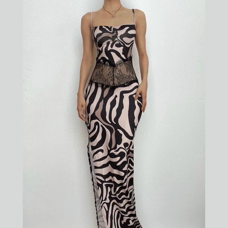 Zebra print hollow out contrast cross back slit backless cut out maxi dress