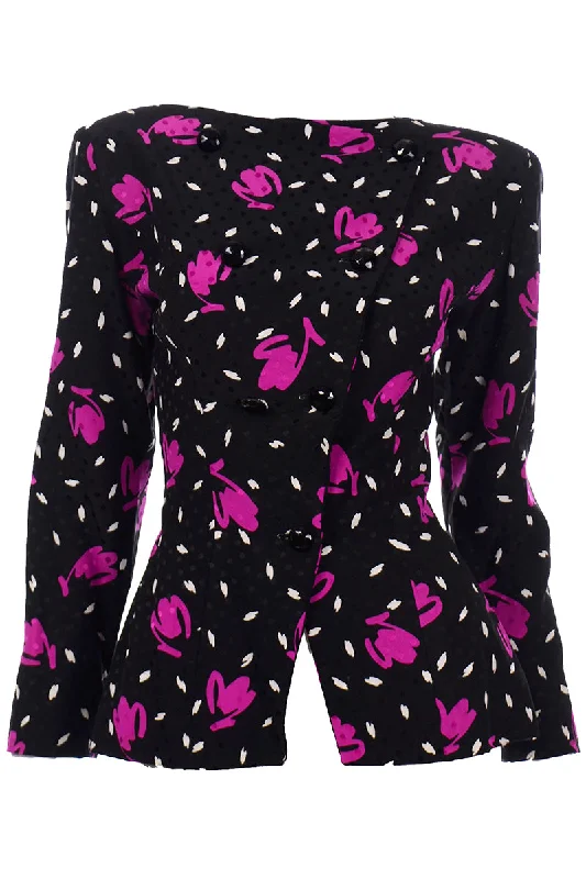 1980s Vicky Tiel Couture Abstract Navy & Pink Floral Silk Vintage Jacket Top Wool Jacket Cashmere Jacket Tweed Jacket