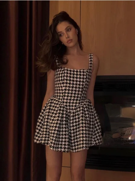 Summer Sexy Sleeveless Strap Houndstooth Elegant Mini Dress Elegant Lace-Up Mini Dress Summer Sexy Sleeveless Strap Houndstooth Elegant Mini Dress Elegant Lace-Up Mini Dress