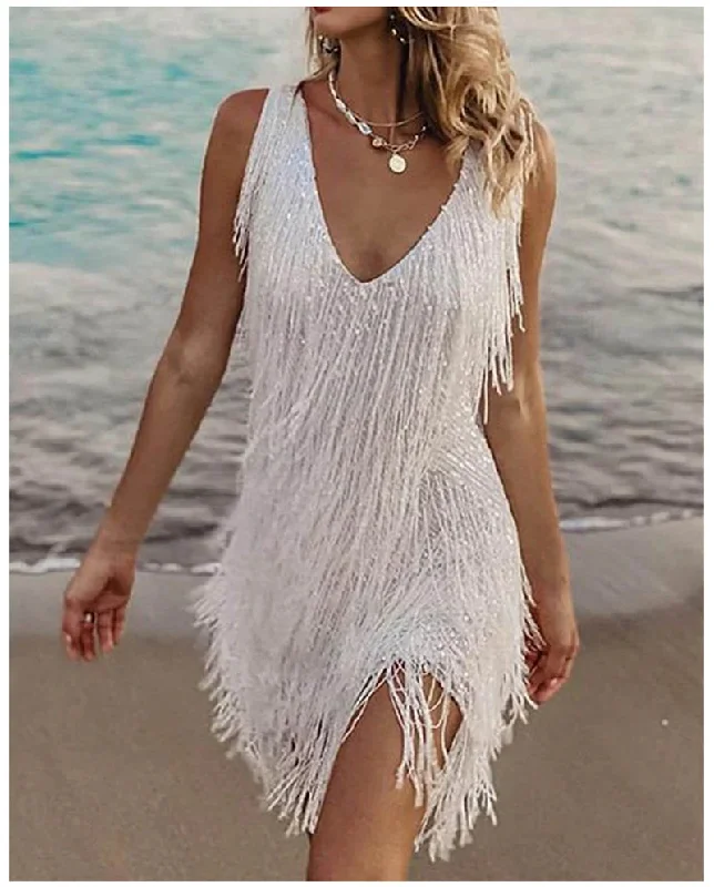 Summer Spaghetti Strap V-Neck Sequins Tassel Feather Mini Dress Fashionable Polka Dot Mini Dress Summer Spaghetti Strap V-Neck Sequins Tassel Feather Mini Dress Fashionable Polka Dot Mini Dress