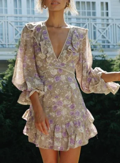 Women Sexy Floral  Chiffon Flared Sleeve Backless Lace Up Mini Dress Chic Halter Mini Dress