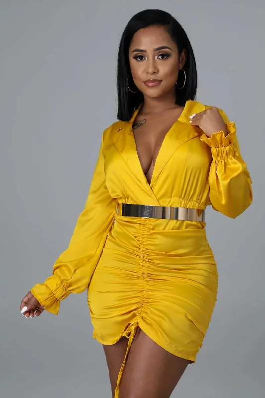 Ayla Long Sleeve Ruched Satin Mini Dress Yellow - FINAL SALE Classic Black Mini Dress Ayla Long Sleeve Ruched Satin Mini Dress Yellow - FINAL SALE Classic Black Mini Dress