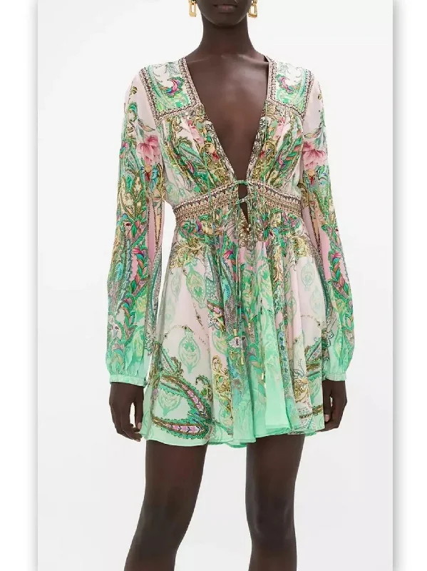 Baroque-Print Crystal-Embellished Silk Mini Dress Fashionable Lace-Trim Mini Dress