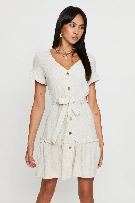 Beige Mini Dress Short Sleeve V Neck Cozy Ruched Mini Dress