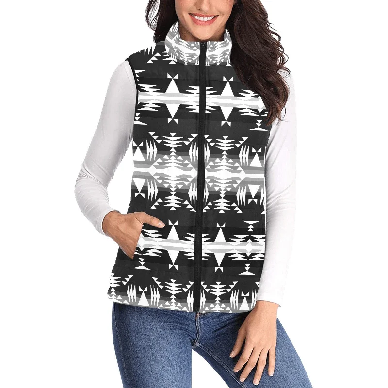 Between the Mountains Black and White Women's Padded Vest Jacket Snapped Jacket Toggled Jacket Drawstring Jacket Between the Mountains Black and White Women's Padded Vest Jacket Snapped Jacket Toggled Jacket Drawstring Jacket