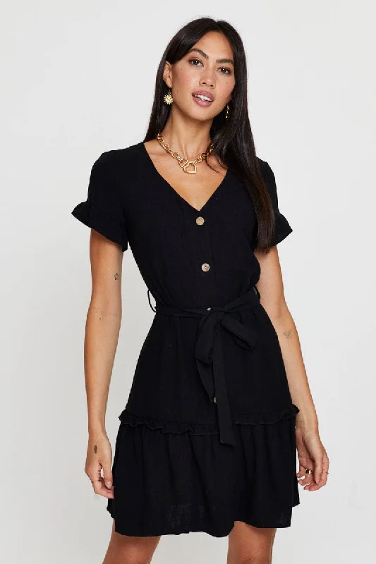 Black Mini Dress Short Sleeve V Neck Trendy Denim Mini Dress