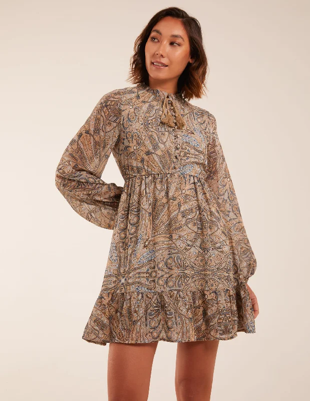 Button Through Tassel Peasant Mini Dress Comfortable Wrap Mini Dress