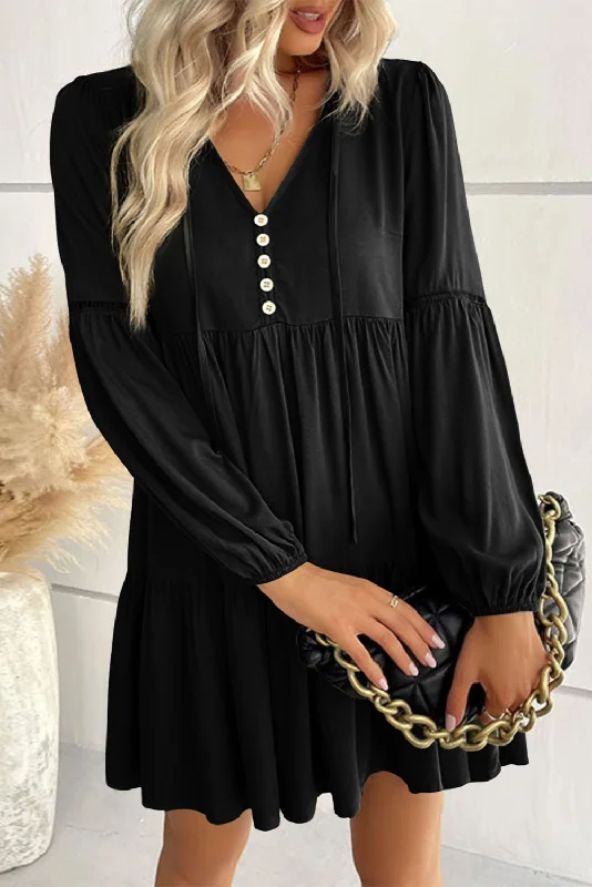 Blue Zone Planet | Black Lace Puff Sleeve Buttoned Tiered Ruffled Mini Dress Trendy Camisole Mini Dress Blue Zone Planet | Black Lace Puff Sleeve Buttoned Tiered Ruffled Mini Dress Trendy Camisole Mini Dress