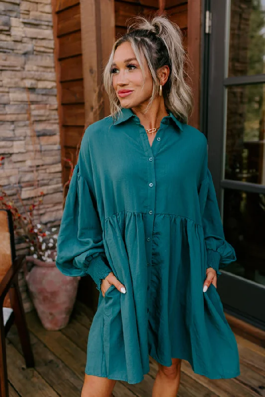 Cafe Patio Button Down Mini Dress in Hunter Green Stylish Puff Sleeve Mini Dress