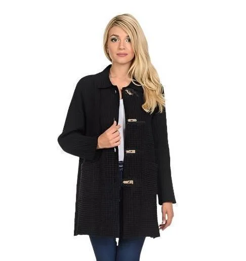 Focus Long Button Up Waffle Jacket in Black - BW-111-BLK - Sizes M & L Denim Fabric Leather Fabric Suede Fabric Focus Long Button Up Waffle Jacket in Black - BW-111-BLK - Sizes M & L Denim Fabric Leather Fabric Suede Fabric