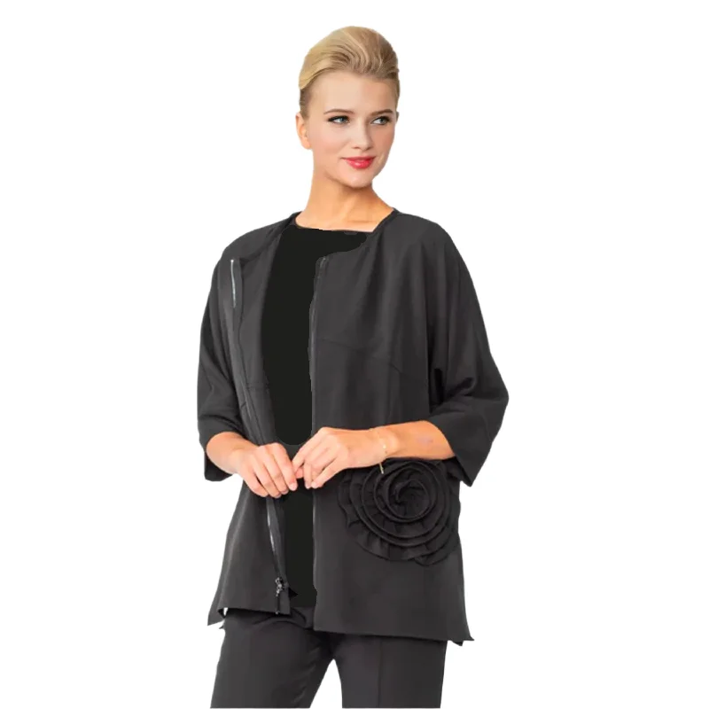 IC Collection 3D Floral Applique Jacket in Black - 5862T-BK Notch Collar Peter Pan Collar Cowl Neck IC Collection 3D Floral Applique Jacket in Black - 5862T-BK Notch Collar Peter Pan Collar Cowl Neck