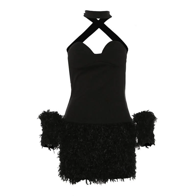 Cross back fluffy halter solid tube mini dress Comfortable Off-Shoulder Mini Dress