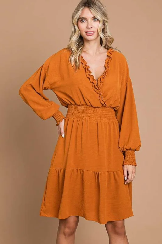 Culture Code Full Size Frill Smocked Lantern Sleeve Mini Dress Comfortable One-Shoulder Mini Dress Culture Code Full Size Frill Smocked Lantern Sleeve Mini Dress Comfortable One-Shoulder Mini Dress