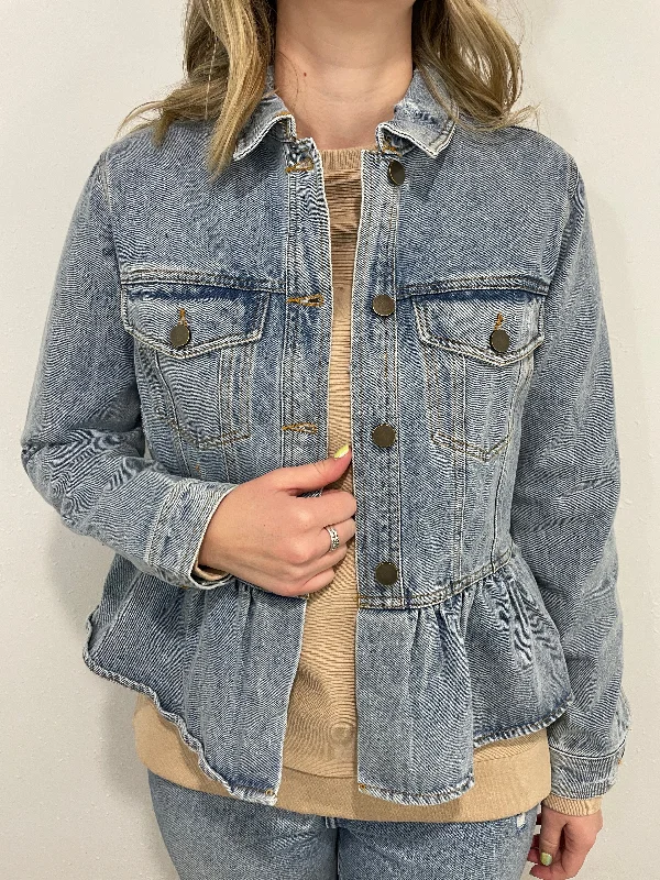 DISTRESSED PEPLUM JACKET - LIGHT DENIM Front Pockets Side Pockets Patch Pockets