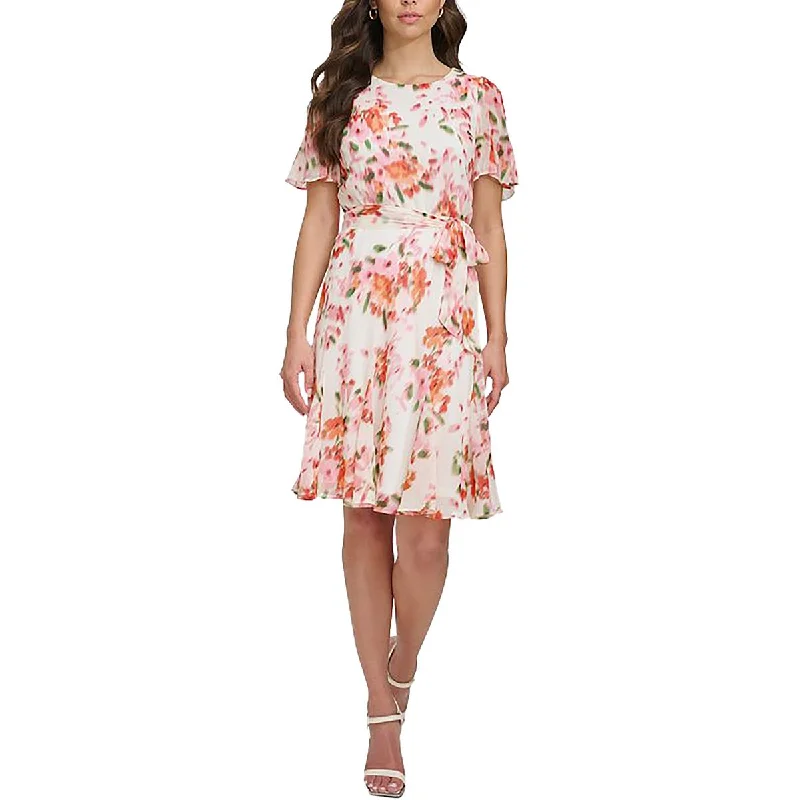 DKNY Womens Floral Print Knee-Length Mini Dress Cozy Sweater Mini Dress
