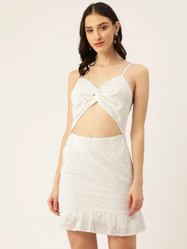 Berrylush Women Solid White Sweetheart Neck Front Cutout Schiffli Flounce Hem A-Line Mini Dress Fashionable Mini Dress with Frills Berrylush Women Solid White Sweetheart Neck Front Cutout Schiffli Flounce Hem A-Line Mini Dress Fashionable Mini Dress with Frills