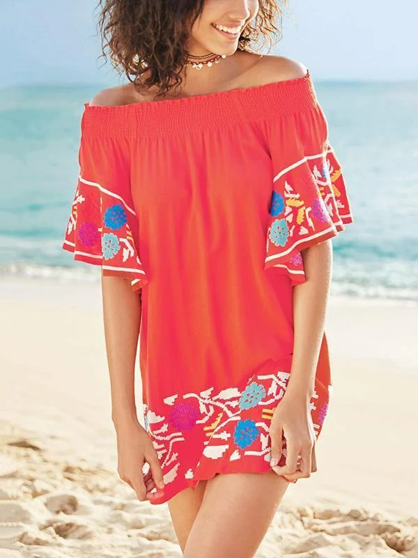 Elastic Off-the-shoulder Embroidered Mini Dress Fashionable Denim Mini Dress