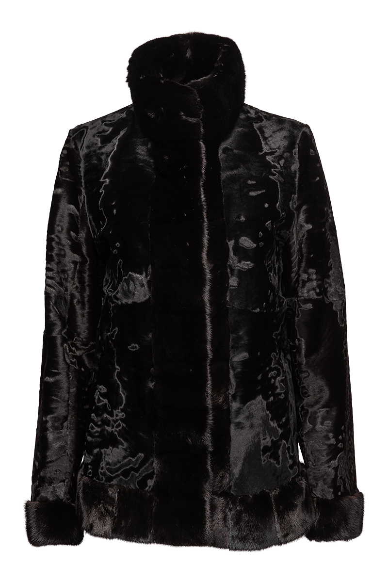 Black Russian Broadtail Fur Jacket - Black Star Mink Fur Details Knit Fabric Woven Fabric Fleece Fabric Black Russian Broadtail Fur Jacket - Black Star Mink Fur Details Knit Fabric Woven Fabric Fleece Fabric