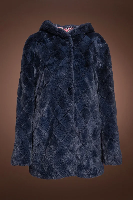 Hooded Diamond Pattern Denim Blue Mink Fur Jacket Fleece Jacket Down Jacket Parka