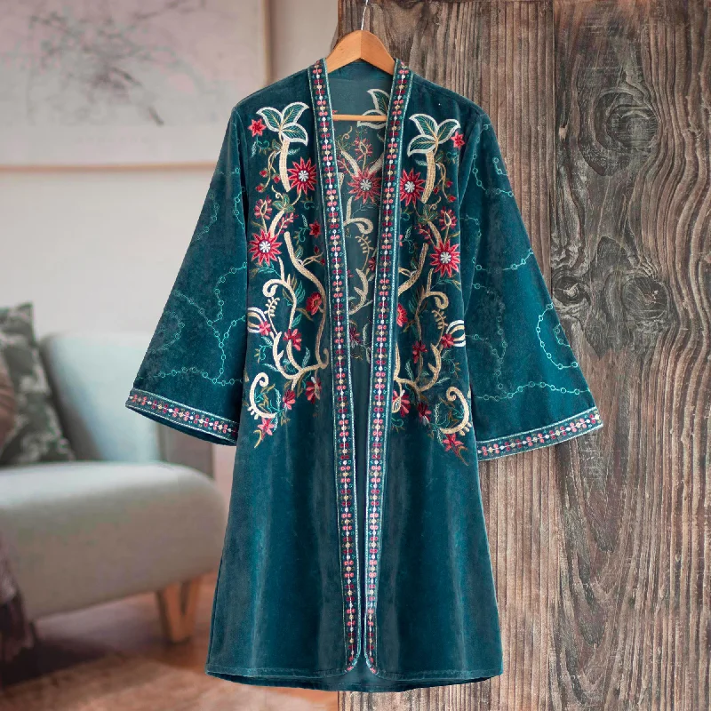 Embroidered Chic Embroidered Long Blue Cotton Velvet Open Front Jacket Stand-Up Collar Roll-Neck Collar Turtle Neck Embroidered Chic Embroidered Long Blue Cotton Velvet Open Front Jacket Stand-Up Collar Roll-Neck Collar Turtle Neck