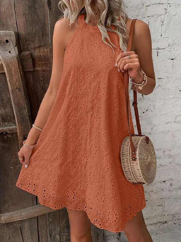 Eyelet Grecian Neck Mini Dress Elegant Silk Mini Dress