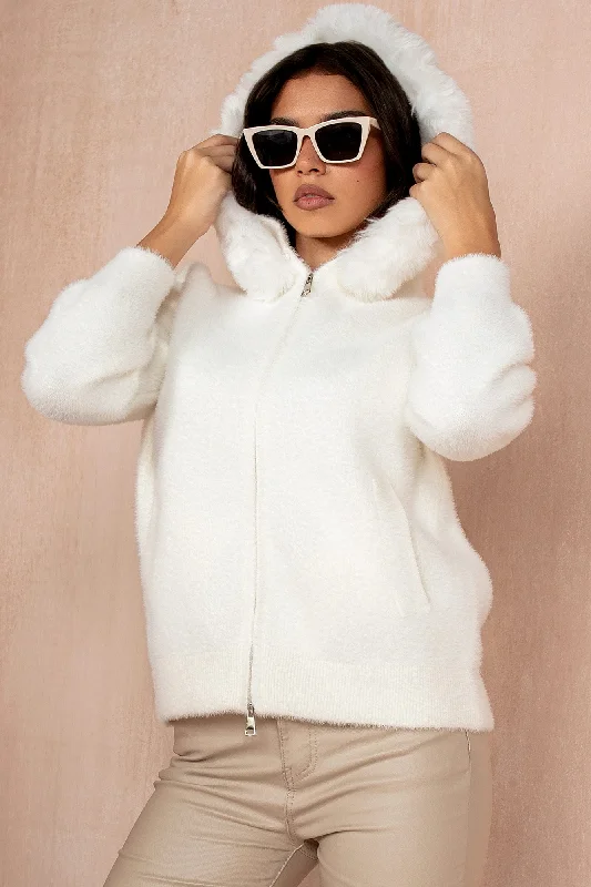 Felix White Fluffy Zip Up Jacket Oversized Jacket Tailored Jacket Straight Jacket