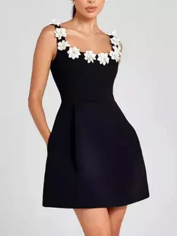 Floral-Applique Contrast Stretch A-Line Mini Dress Elegant Satin Lace Mini Dress