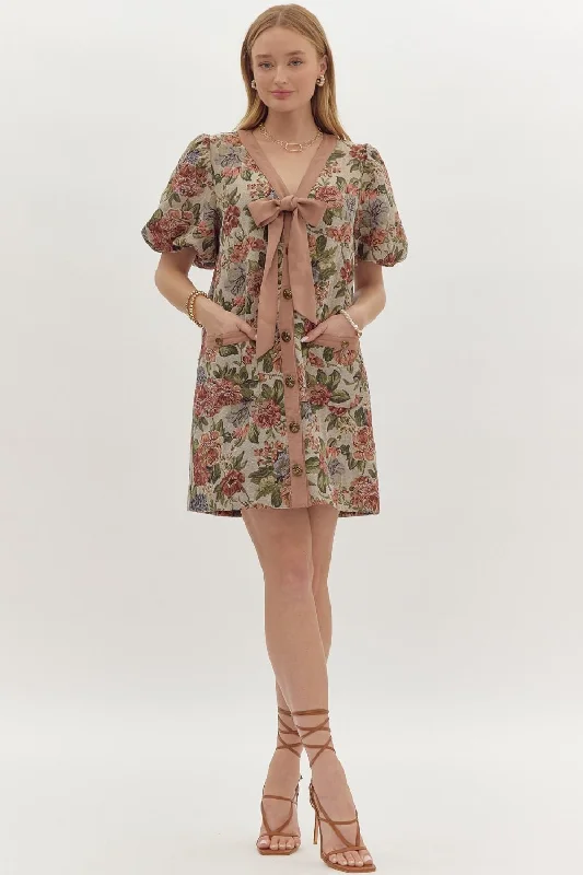 Floral Bow Tie Mini Dress Fashionable Button-Front Mini Dress