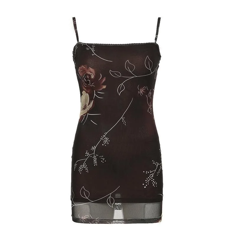 Flower print lace hem mesh cami mini dress Fashionable Pleated Mini Dress
