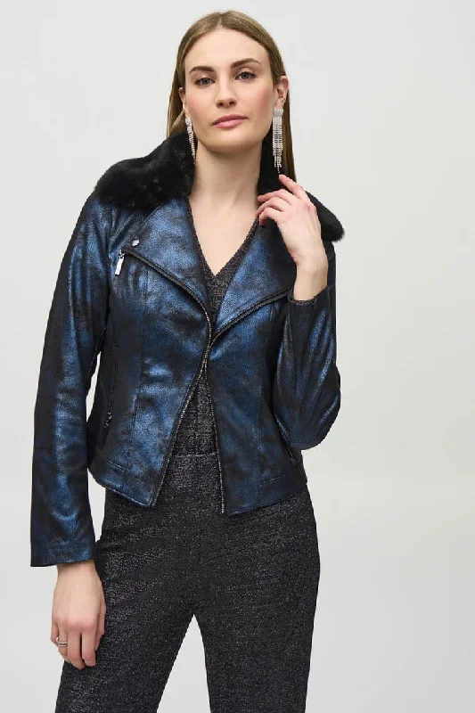 Foiled Suede Jacket with Faux-Fur Collar - Blue and Black Elasticated Jacket Padded Jacket Insulated Jacket Foiled Suede Jacket with Faux-Fur Collar - Blue and Black Elasticated Jacket Padded Jacket Insulated Jacket