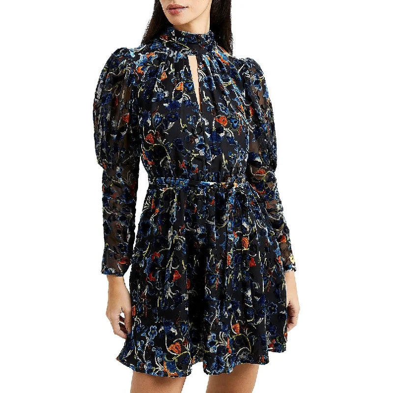 French Connection Womens Avery Velvet Floral Mini Dress Cozy Wraparound Mini Dress