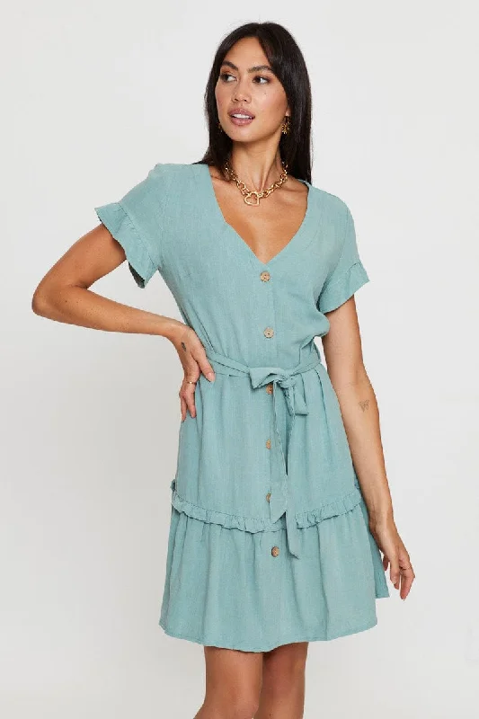 Green Mini Dress Short Sleeve V Neck Cozy Sweater Mini Dress