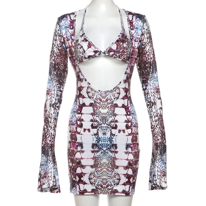 Halter long sleeve abstract 2 piece mini dress Fashionable Lace-Trim Mini Dress