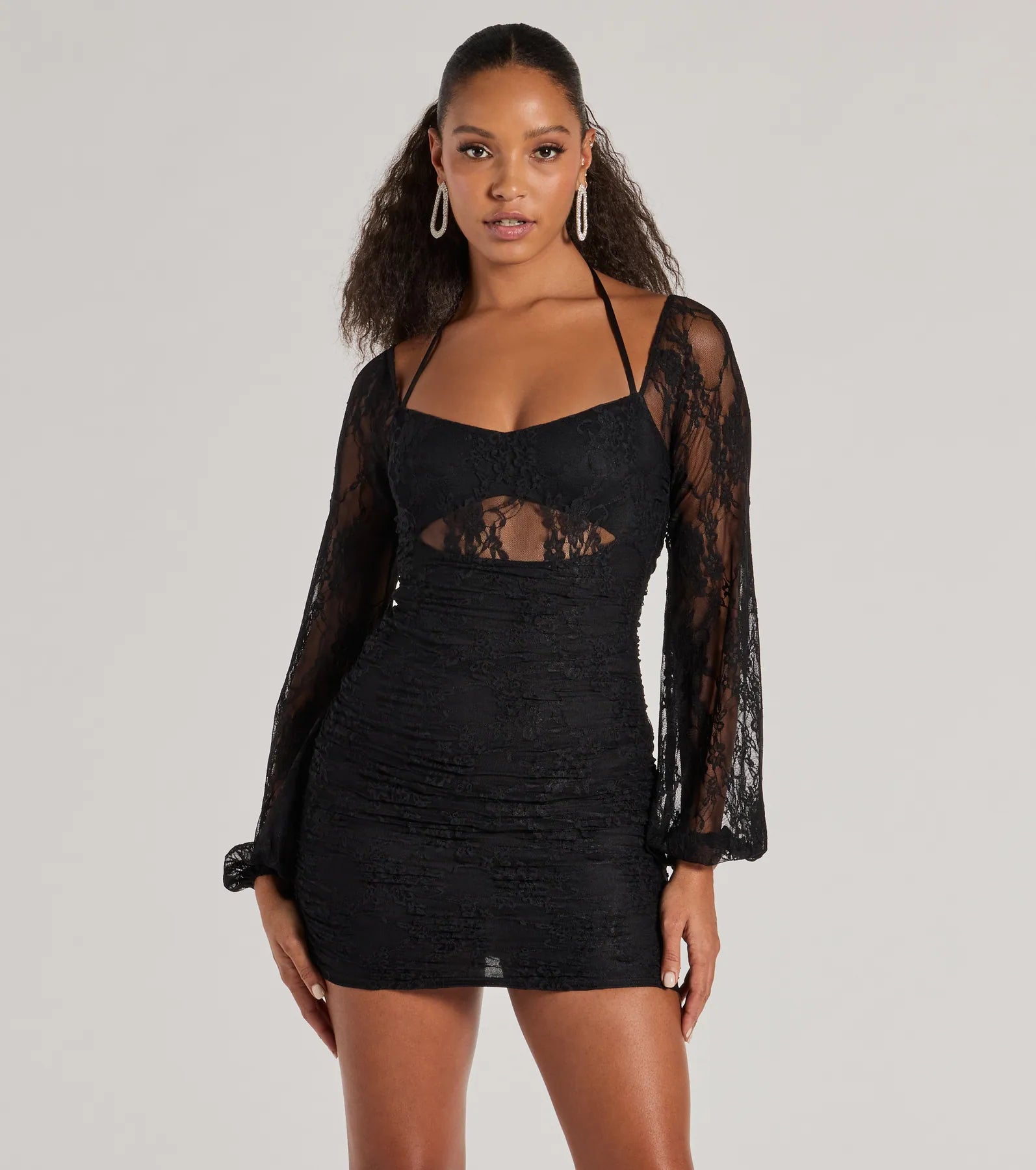Here To Allure Sheer Lace Long Sleeve Mini Dress Trendy Mesh Mini Dress