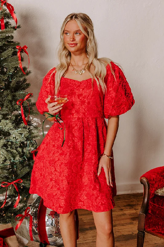 Holiday Happiness Jacquard Mini Dress in Red Classic Floral Print Mini Dress