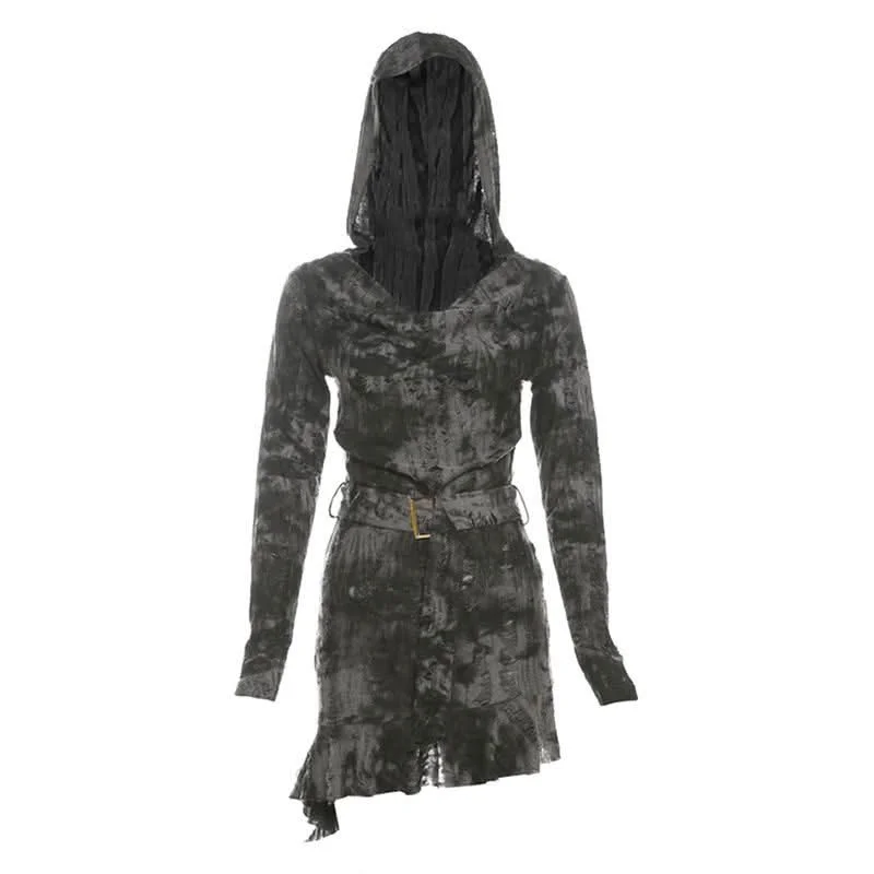Hoodie long sleeve belt hollow out cut out mini dress Trendy Tulle Mini Dress