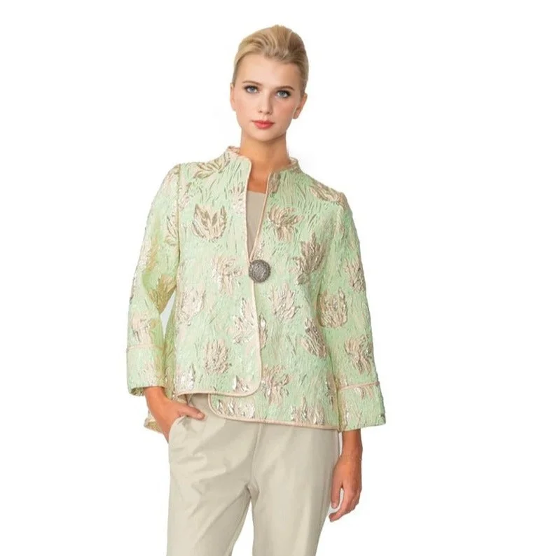 IC Collection Metallic Floral Jacquard Asymmetric Jacket in Green Multi - 4678J Fleece Jacket Down Jacket Feather Jacket IC Collection Metallic Floral Jacquard Asymmetric Jacket in Green Multi - 4678J Fleece Jacket Down Jacket Feather Jacket