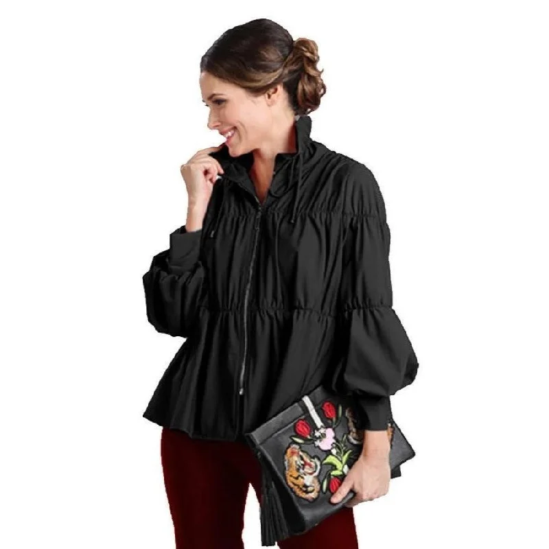 IC Collection Shirred Zip Front Jacket - 1395J Ribbed Jacket Pleated Jacket Ruffled Jacket
