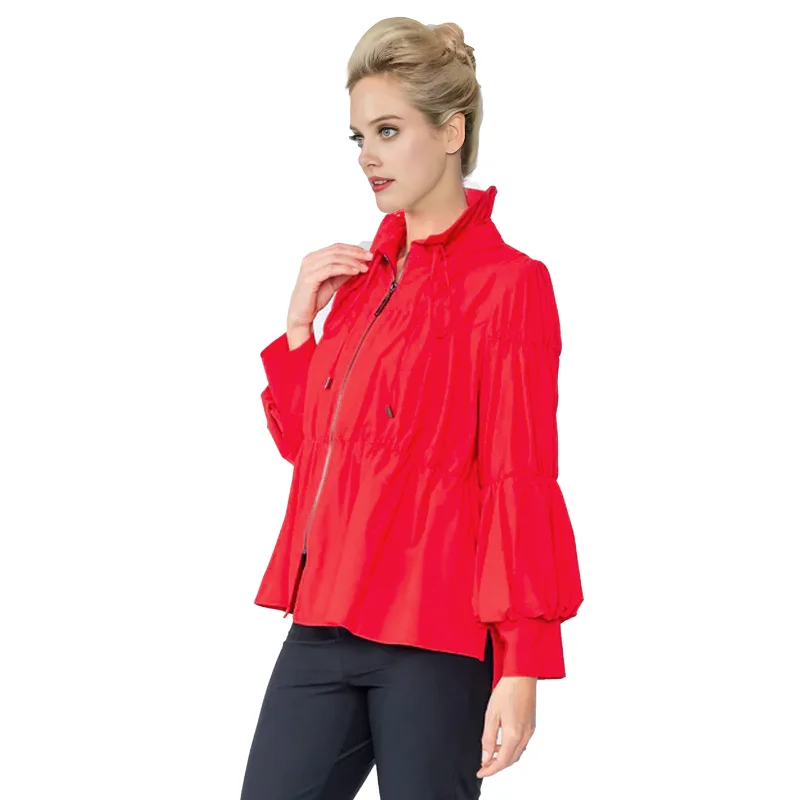 IC Collection SHIRRED Zip Front Jacket in Red - 1395J-RED Satin Jacket Silk Jacket Chiffon Jacket