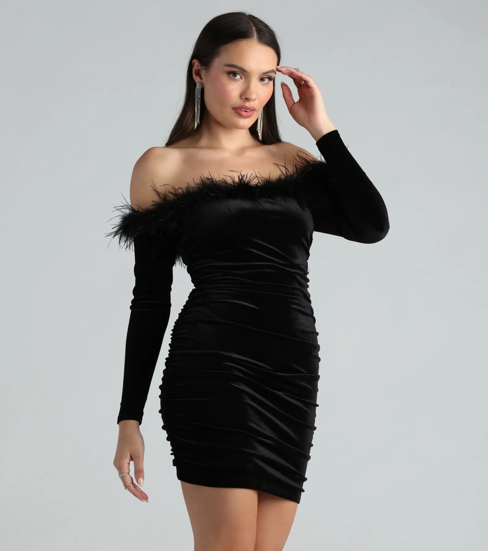 Jayla Velvet Marabou Off-The-Shoulder Mini Dress Comfortable Smocked Mini Dress