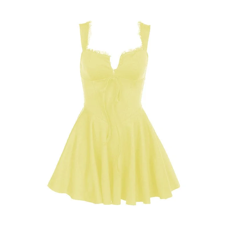 Lace hem button bowknot cami mini dress Comfortable Linen Mini Dress