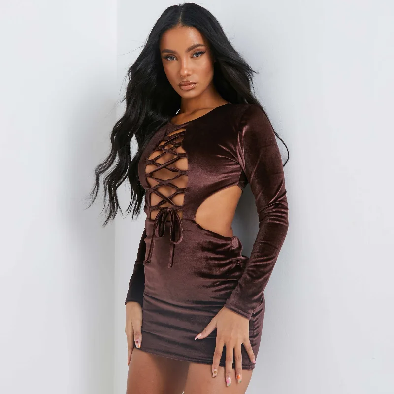 Lace Up Mini Dress In Dark Brown Velvet Classic Casual Mini Dress