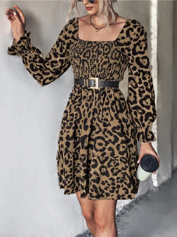 Leopard Smocked Flounce Sleeve Mini Dress Trendy Denim Mini Dress