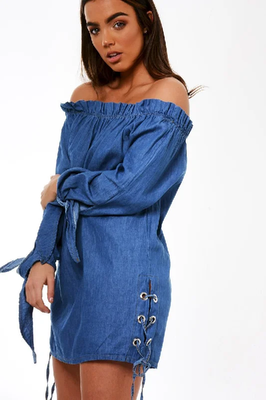 Light Blue Denim Bardot Mini Dress - Elisha Casual High-Waist Mini Dress