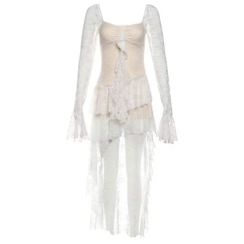 Long flared sleeve lace ruffle mini dress Classic Casual Mini Dress