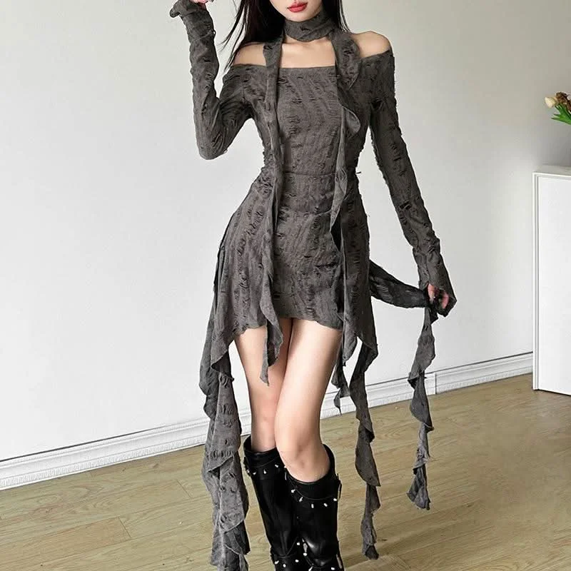 Long sleeve off shoulder ruffle mini dress Elegant Velvet Mini Dress
